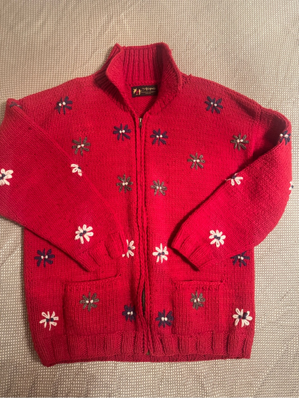 Vintage Bolli importz Red Zip-Up Floral Knit Cardigan